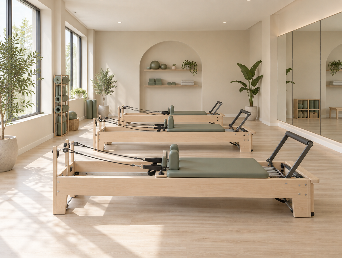 Interior do estúdio de pilates com aparelhos alinhados