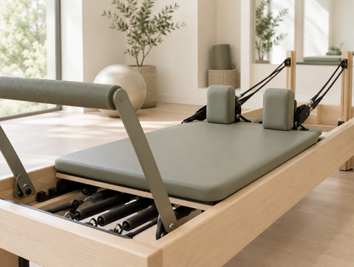 Aparelho de pilates reformer em estúdio claro