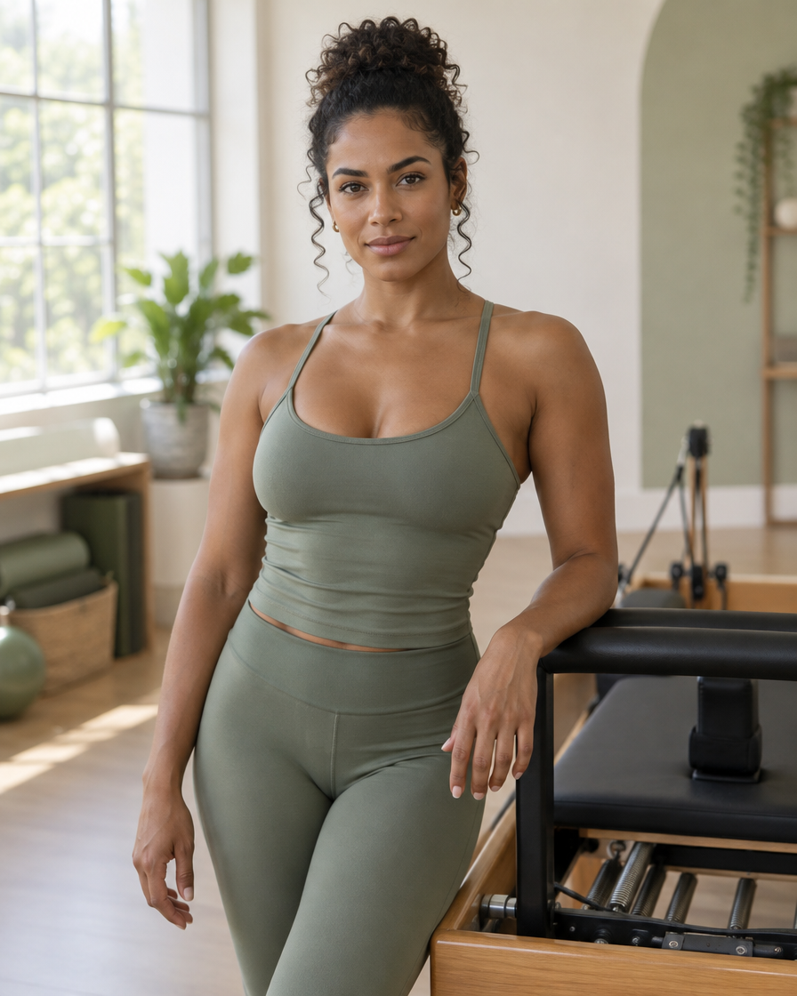 Instrutora de pilates ao lado de um aparelho reformer em estúdio claro
